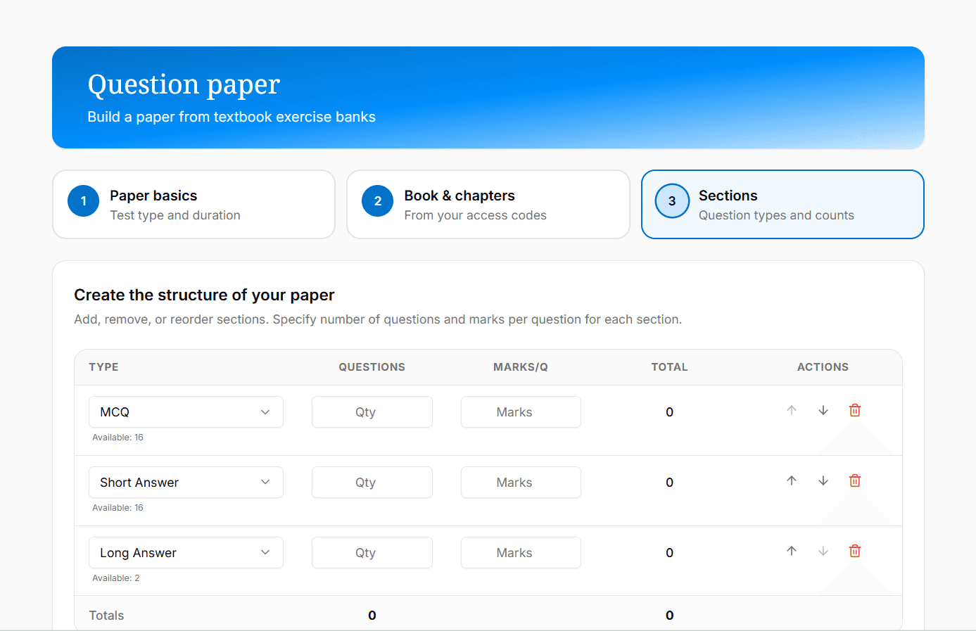 Question paper generation screenshot